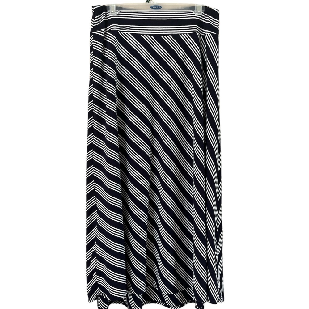 Talbots Knit Maxi Skirt Navy Blue Stripes Size Medium Elastic Waistband
